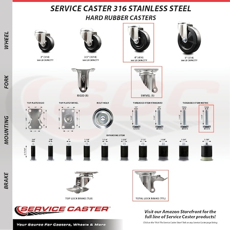Service Caster 4 Inch 316SS Hard Rubber Swivel 12mm Threaded Stem Caster Set Lock Brake SCC SCC-SS316TSTTL20S414-HRS-M1215-4